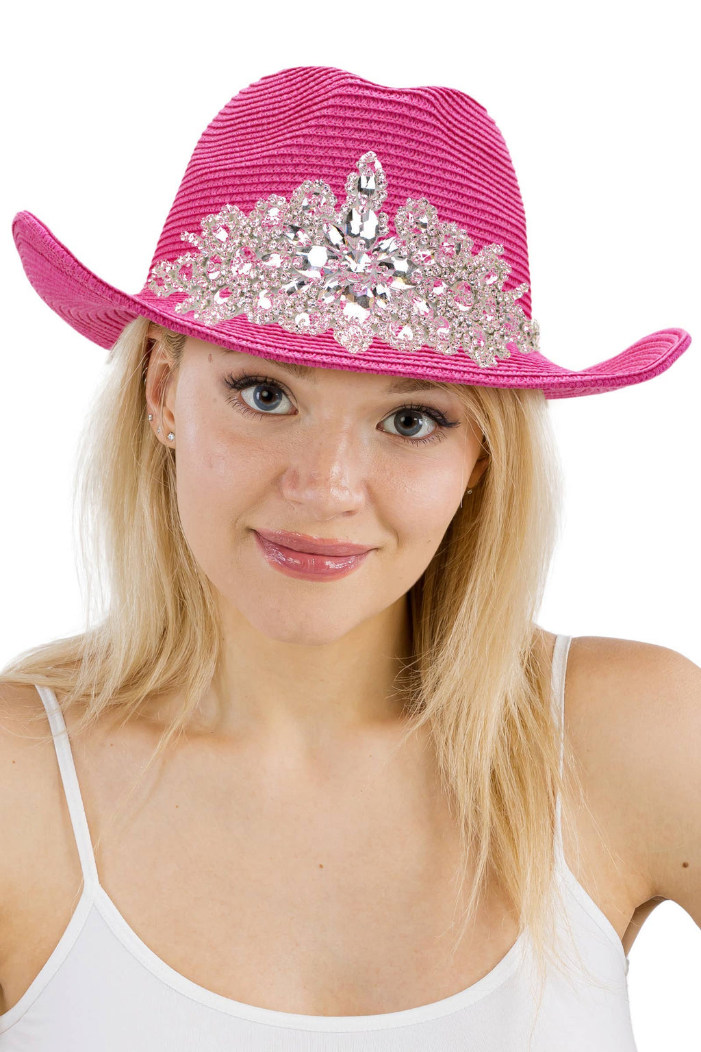 Crystal Flower Bling Patch Paper Straw Yeehaw Cowboy Hat: BEIGE / ONE SIZE