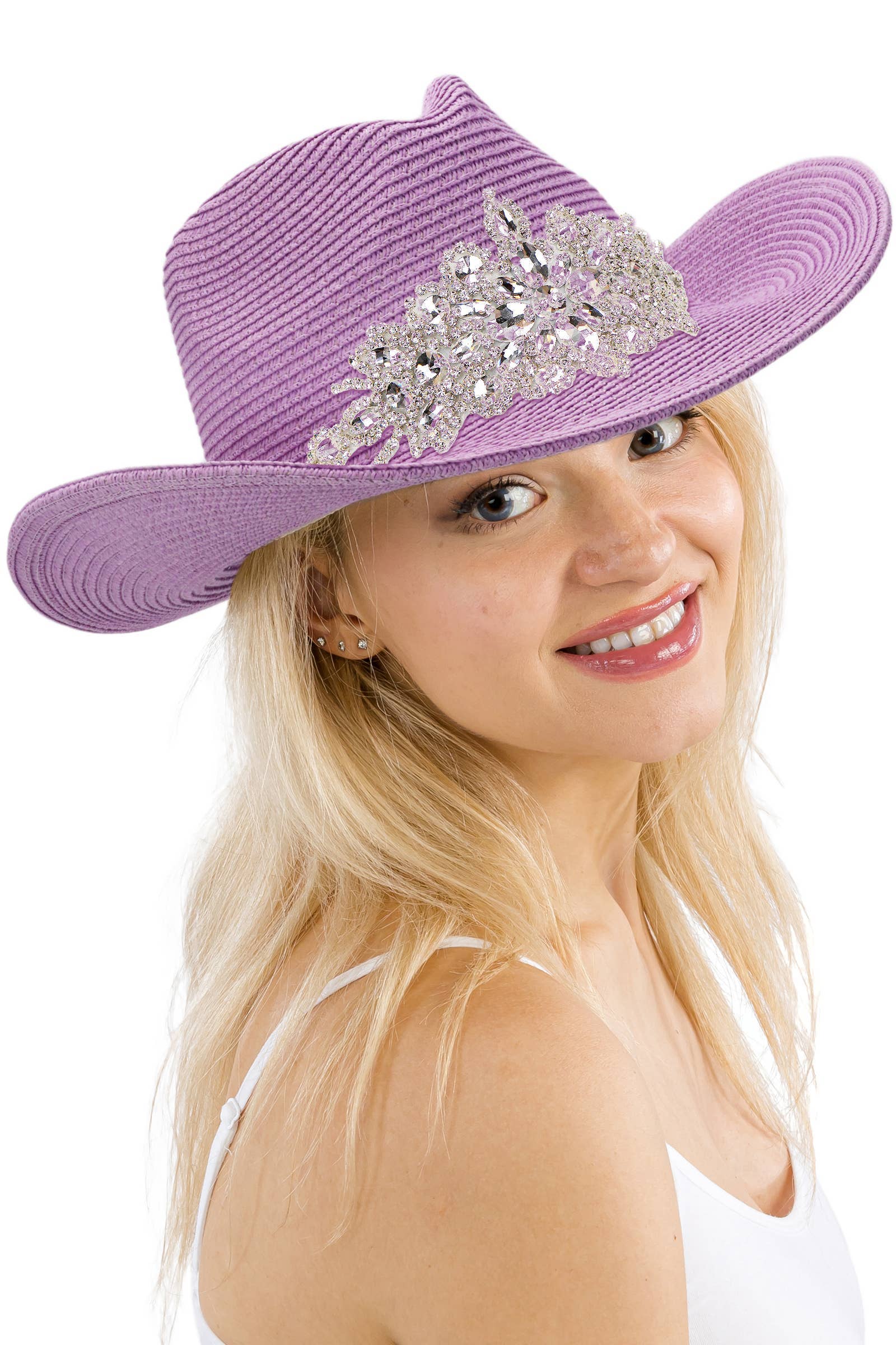 Crystal Flower Bling Patch Paper Straw Yeehaw Cowboy Hat: BEIGE / ONE SIZE