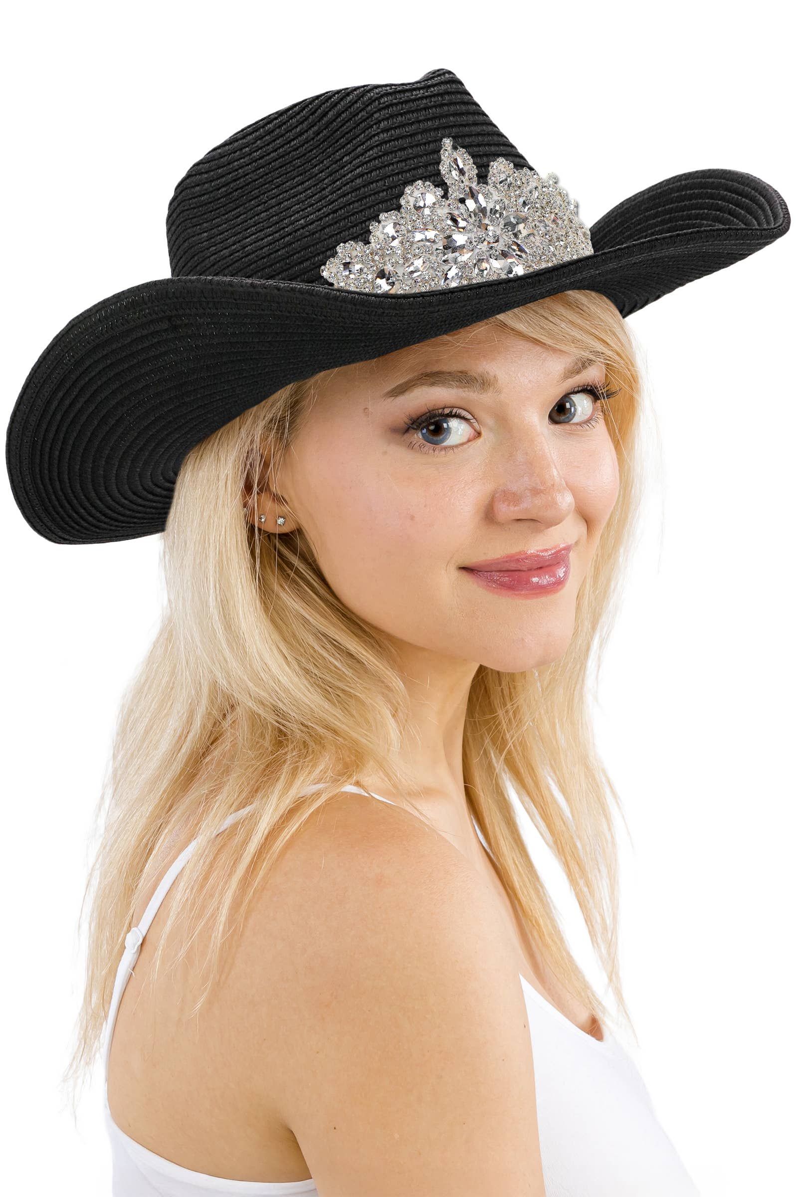 Crystal Flower Bling Patch Paper Straw Yeehaw Cowboy Hat: BEIGE / ONE SIZE