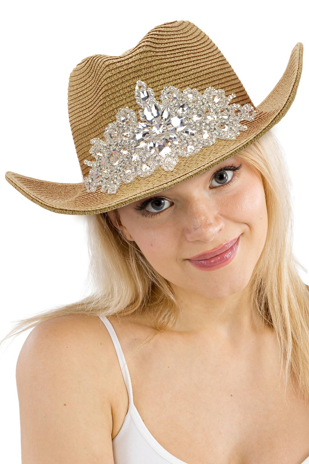 Crystal Flower Bling Patch Paper Straw Yeehaw Cowboy Hat: BEIGE / ONE SIZE