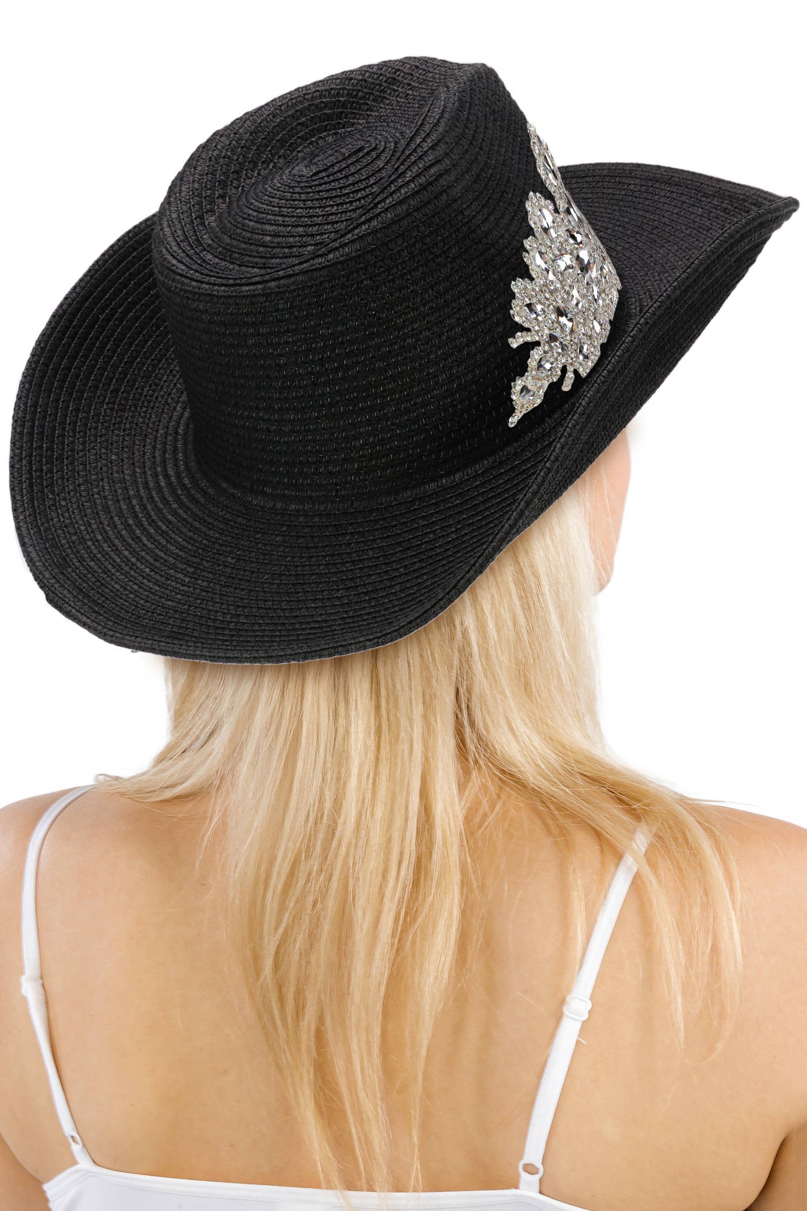 Crystal Flower Bling Patch Paper Straw Yeehaw Cowboy Hat: BEIGE / ONE SIZE