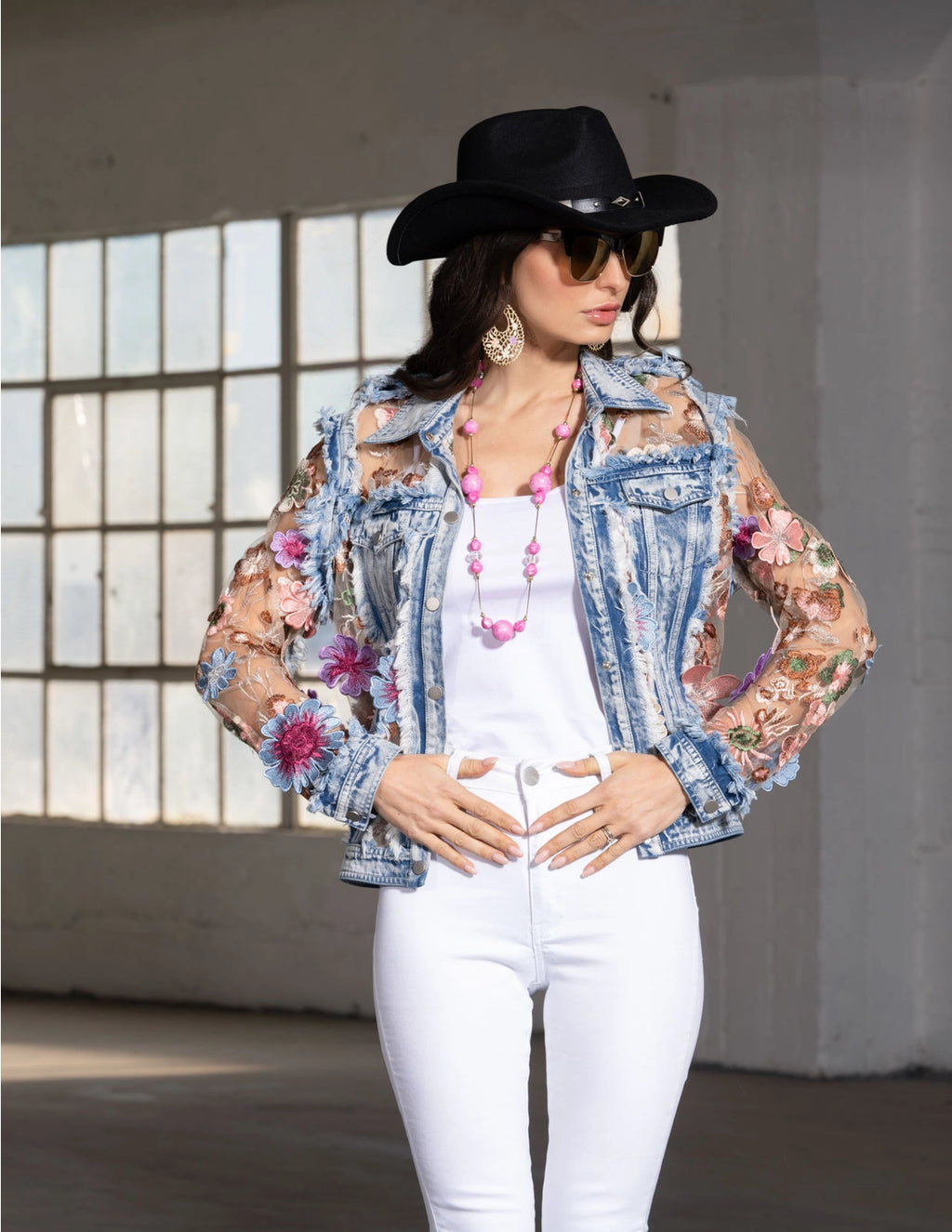 Denim and Lace Pink Embroidered Jacket