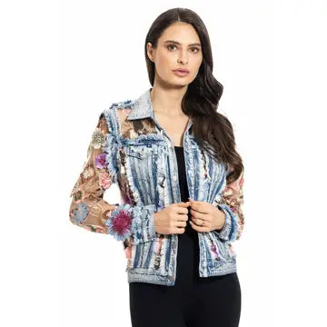 Denim and Lace Pink Embroidered Jacket