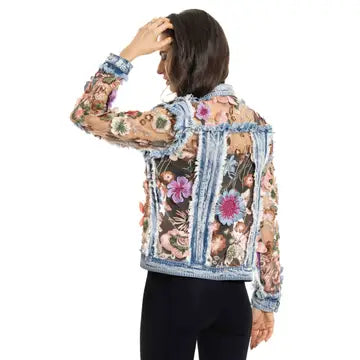 Denim and Lace Pink Embroidered Jacket