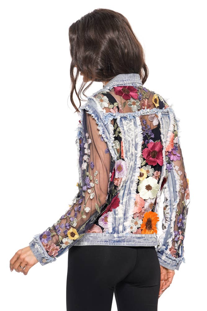 Denim Lace Jacket with ORANGE Floral Embroidery
