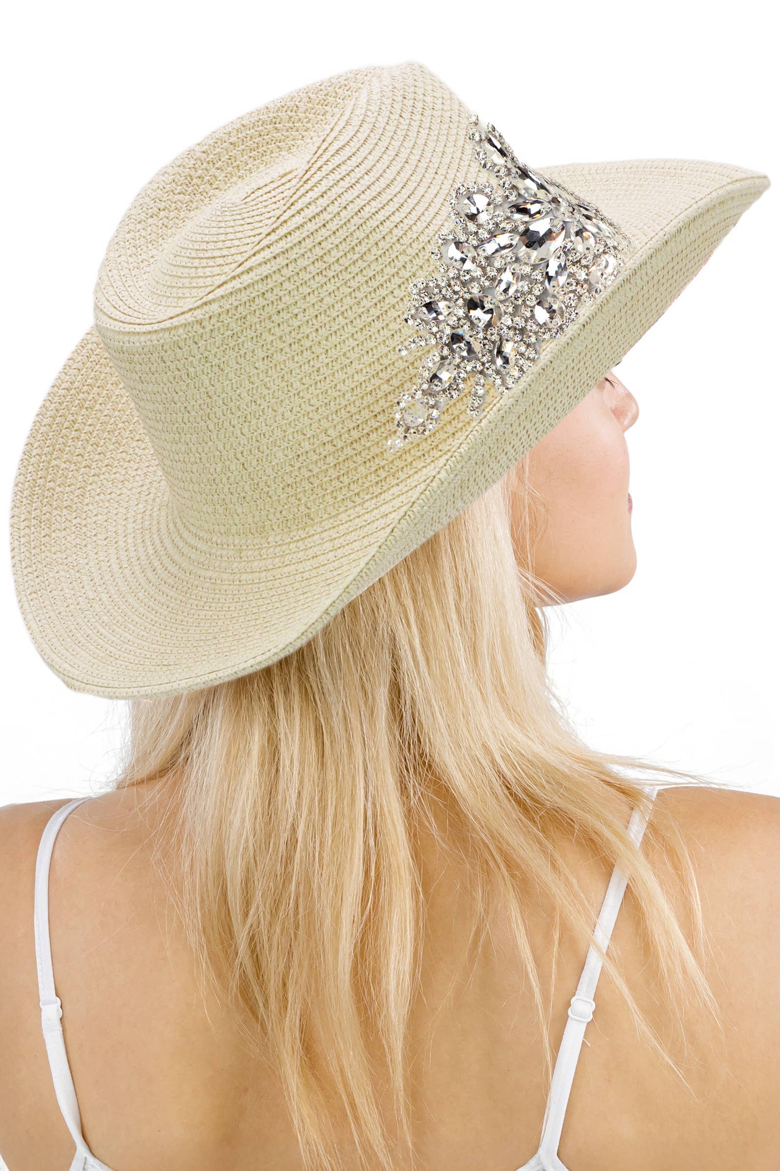 Crystal Flower Bling Patch Paper Straw Yeehaw Cowboy Hat: BEIGE / ONE SIZE